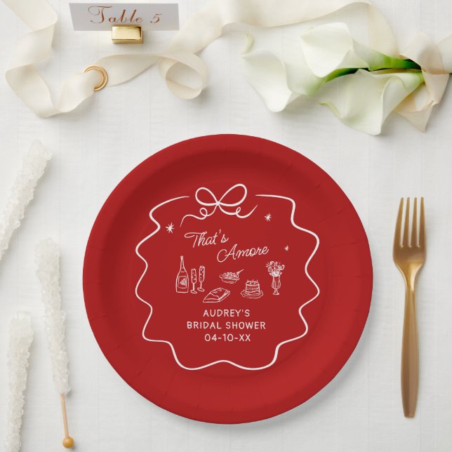 Plato De Papel Eso es Amore, Rojo Personalizado Doodle Blanco (Boda)
