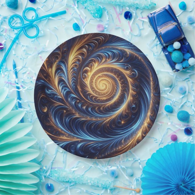 Plato De Papel Espacio abstracto moderno Royal Blue and Gold Swir (Fiesta)