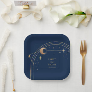 Plato De Papel Espacio Astronómico Mystical Blue Gold Sun Moon