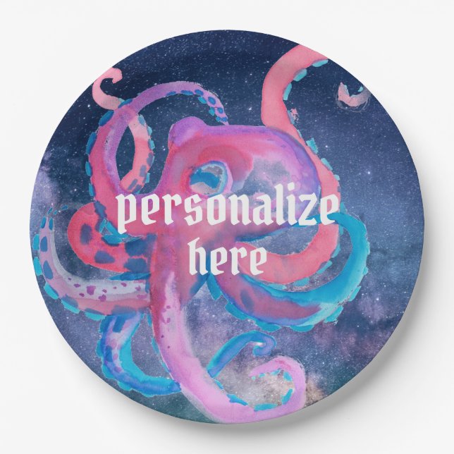 Plato De Papel Espacio de color de agua pulpo estrellas rosas pla (Anverso)