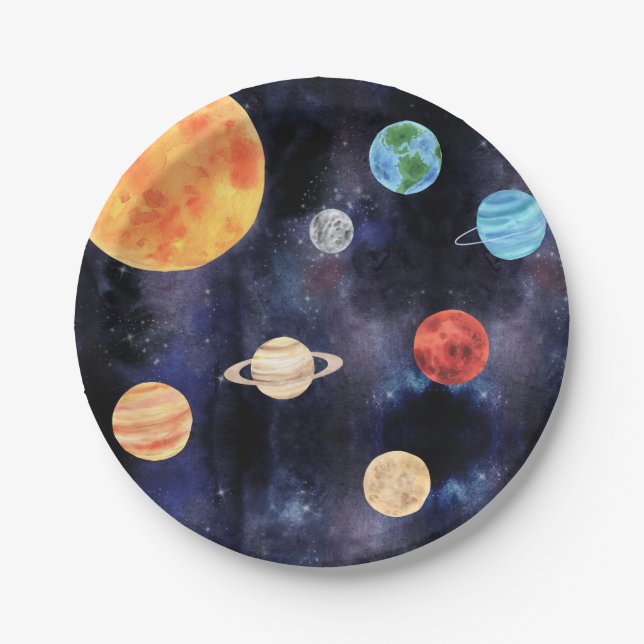 Plato De Papel Espacio moderno de planetas de galaxia azul (Anverso)