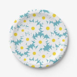 Plato De Papel Espacio negativo Daisies amarillo blanco sobre azu