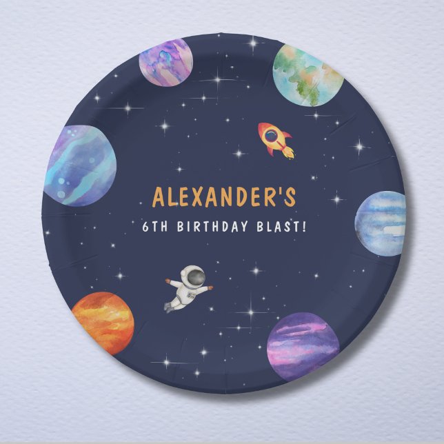 Plato De Papel Espacio Tema Cute Cumpleaños Fiesta acuarela (Subido por el creador)