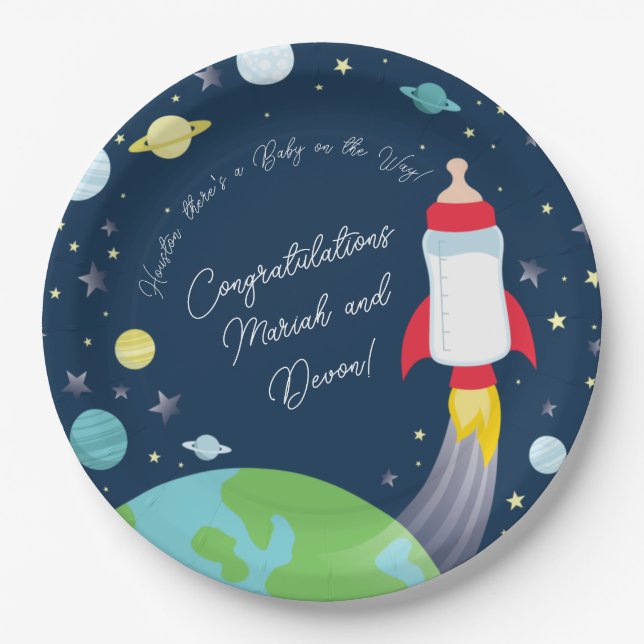 Plato De Papel Espacio Ultraterrestre Baby Shower Botella Rocket  (Anverso)