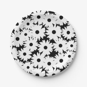 Plato De Papel Espacios negativos Daisies blancos sobre negro