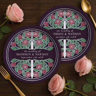 Plato De Papel Espada Floral Medieval Berenjena Nupcial 