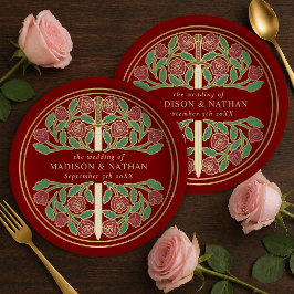 Plato De Papel Espada Floral Medieval Escarlata Real Boda 