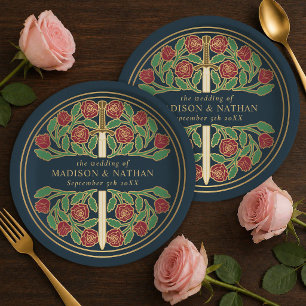Plato De Papel Espada Floral Medieval Real Gris Dorado Boda 