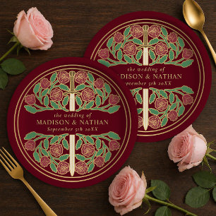 Plato De Papel Espada Floral Medieval Real Roja Dorada Boda