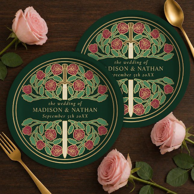 Plato De Papel Espada Floral Medieval Real Verde Dorado Boda  (Subido por el creador)