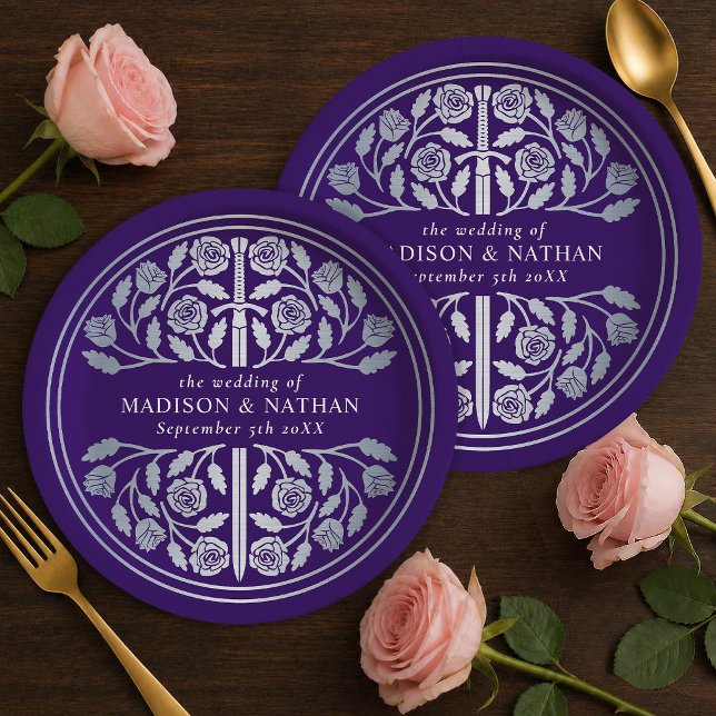 Plato De Papel Espada Medieval Real Bodas Morado Plateado  (Subido por el creador)