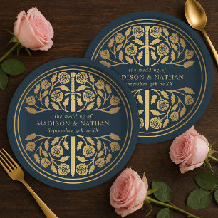 Plato De Papel Espada Medieval Real Dorado Gris Boda