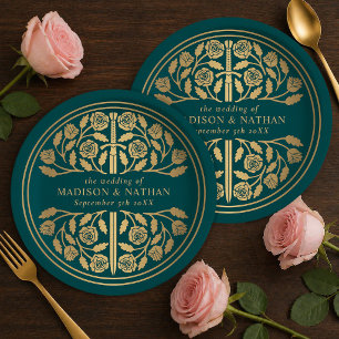 Plato De Papel Espada Medieval Real Dorado Turquesa Boda 
