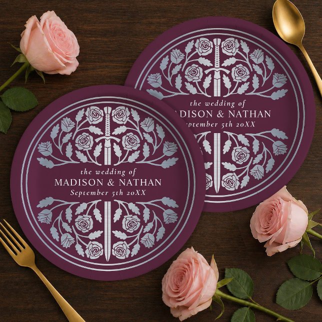 Plato De Papel Espada Real Medieval de Boda Mauve Plateada (Subido por el creador)