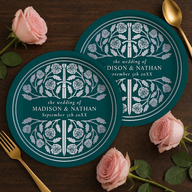 Plato De Papel Espada Real Medieval de Boda Teal Plateada (Subido por el creador)