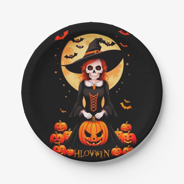 Plato De Papel Espalda de cráneo de Halloween con calabaza (Anverso)