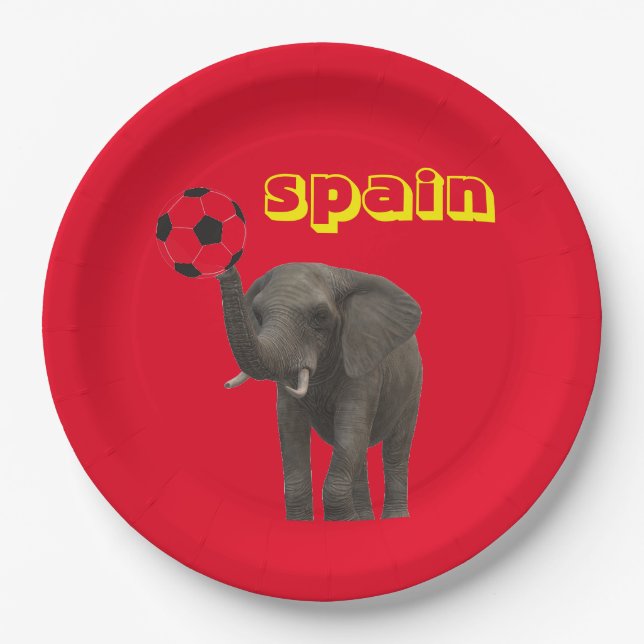 Plato De Papel España Elefante Fútbol Amarillo Rojo Moderno (Anverso)
