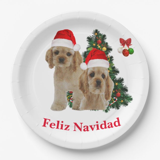 Plato De Papel Espaniel Cóker Feliz Navidad (Anverso)