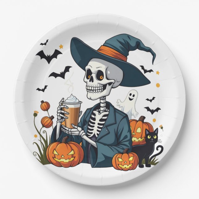 Plato De Papel Espectacular esqueleto de Halloween Sippin Spkin (Anverso)