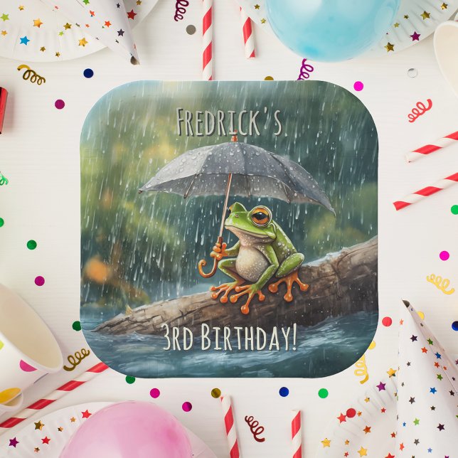 Plato De Papel Espectacular fiesta de cumpleaños de la rana Cotta (Whimsical woodland cottagecore frog rainy day aesthetic child's birthday party paper plate)