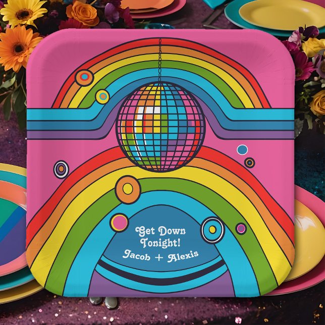 Plato De Papel Espejo Espejo de Rainbow Groovy de Funky Retro 70 (Thrifty retro 70's wedding party plates with a disco theme and bright rainbow colors)