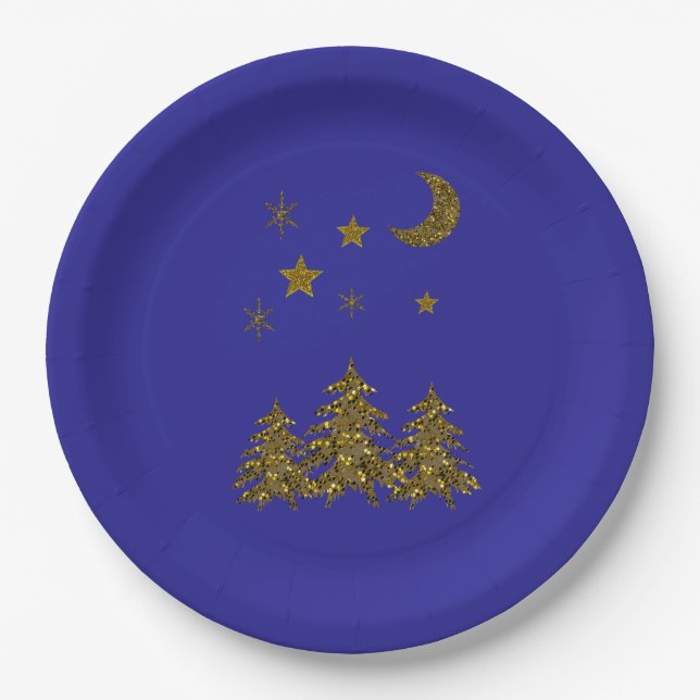 Plato De Papel Espeluznante árbol de Navidad, luna, estrellas en  (Anverso)