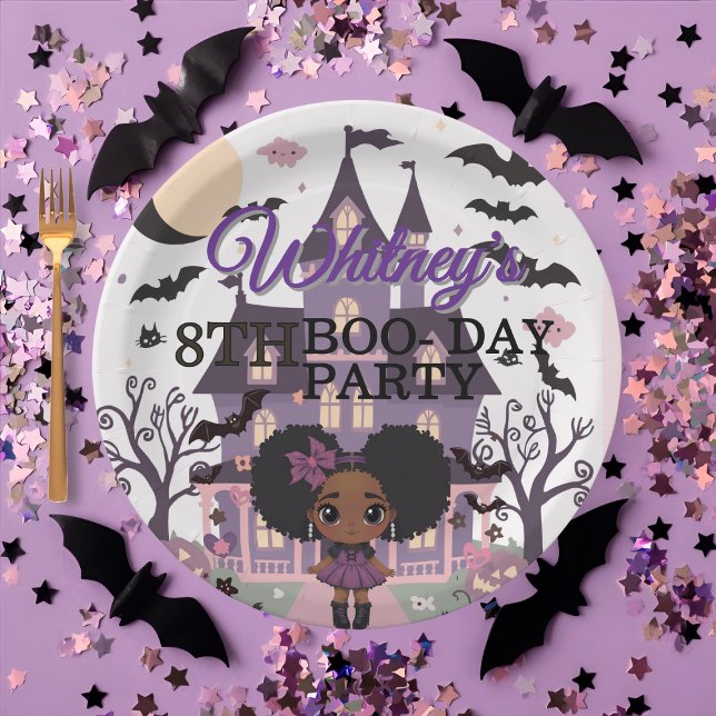 Plato De Papel Espeluznante Chica Fiesta de cumpleaños Purple afr (Spooky Girl Purple afro-puff Birthday Party Paper Plates)