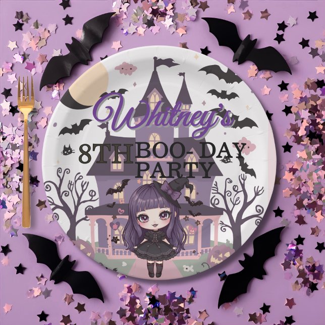 Plato De Papel Espeluznante Chica Fiesta de cumpleaños púrpura (Spooky Girl Purple Birthday Party Paper Plates)