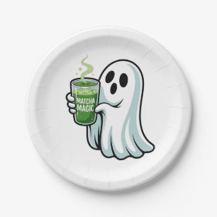 Plato De Papel Espeluznante Fantasma Bebiendo Matcha