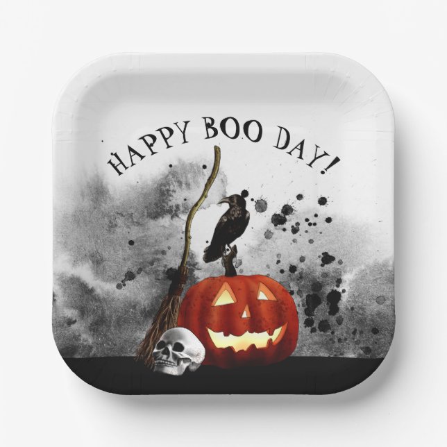 Plato De Papel Espeluznante Halloween Cumpleaños Calabaza Crow Sk (Anverso)