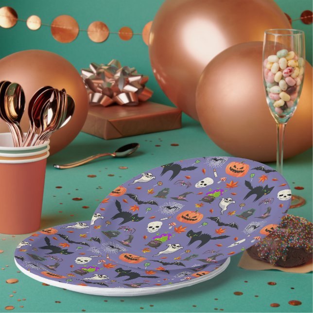 Plato De Papel Espeluznante patrón de Halloween - Calabazas, ghos (Multi)