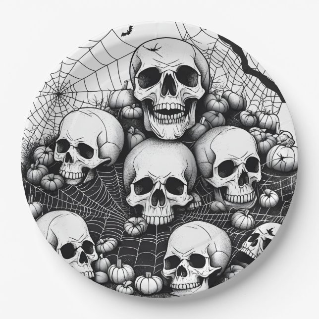 Plato De Papel Espeluznantes Calaveras Humanas Cobwebs murmuran H (Anverso)
