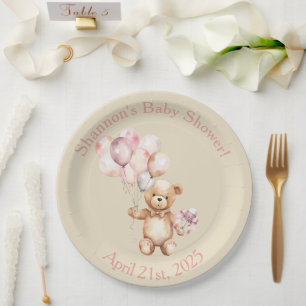 Plato De Papel Espera temprana - Oso de peluche con globos