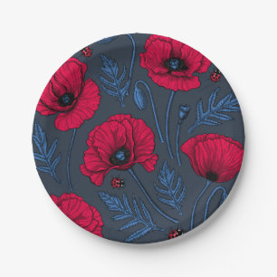 Plato De Papel Espías rojas y ladybugs en azul oscuro