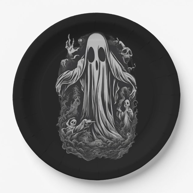 Plato De Papel Espíritu de Halloween 8, fantasma, asustado, miedo (Anverso)
