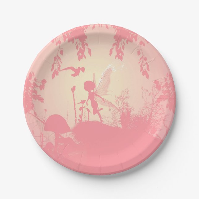 Plato De Papel Espléndida silueta de hada rosa con pájaros (Anverso)