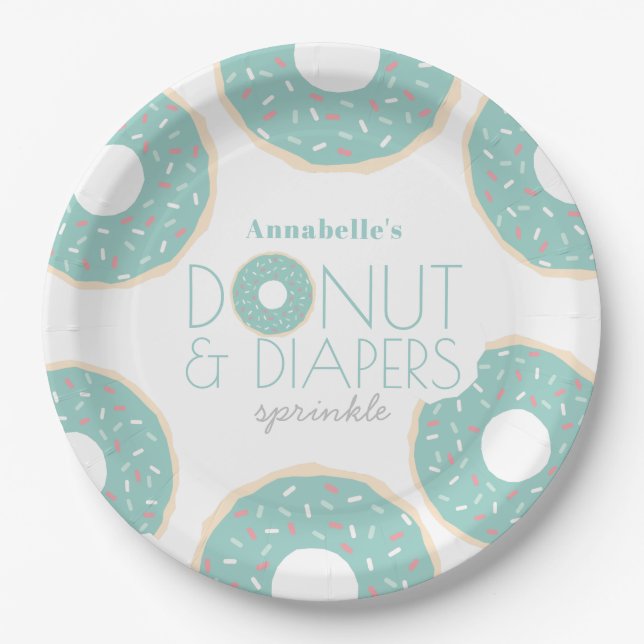 Plato De Papel Espoleta verde de Baby Shower de donut y pañales (Anverso)