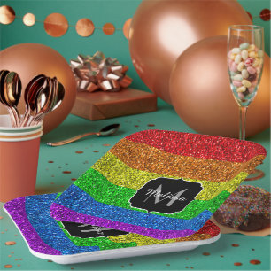 Plato De Papel Espuma de purpurina arcoíris vibrante de la bander