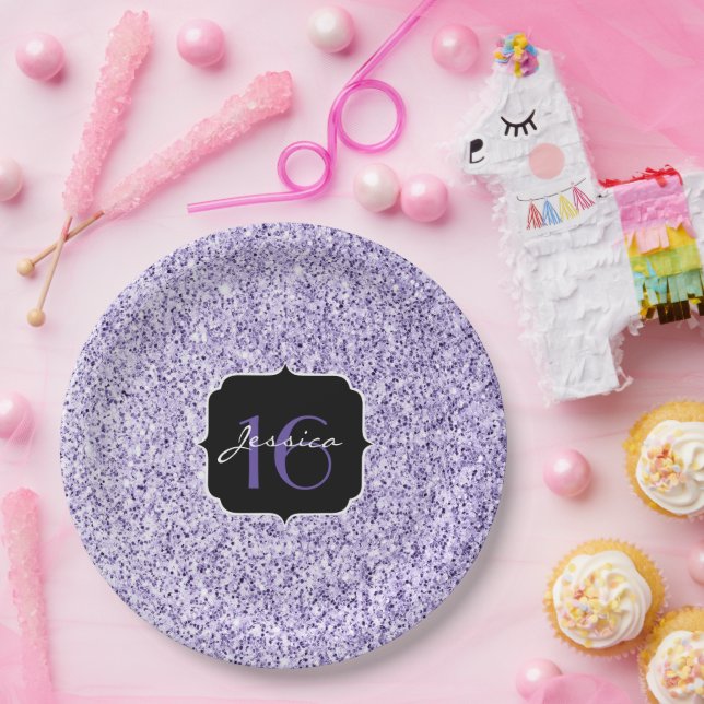 Plato De Papel Espuma ultravioleta purpurina púrpura dulce 16 (Fiesta)