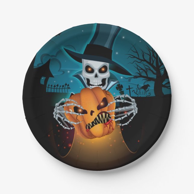 Plato De Papel Esqueleto alegre de Halloween (Anverso)