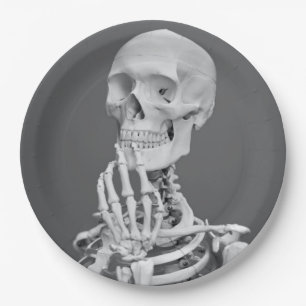 Plato De Papel Esqueleto Calavera Halloween Negro y Blanco Gris