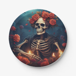 Plato De Papel Esqueleto con corona de Rosas