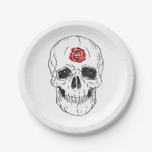 Plato De Papel Esqueleto Cráneo Huesos Rosa Negro y Rojo Brillo G