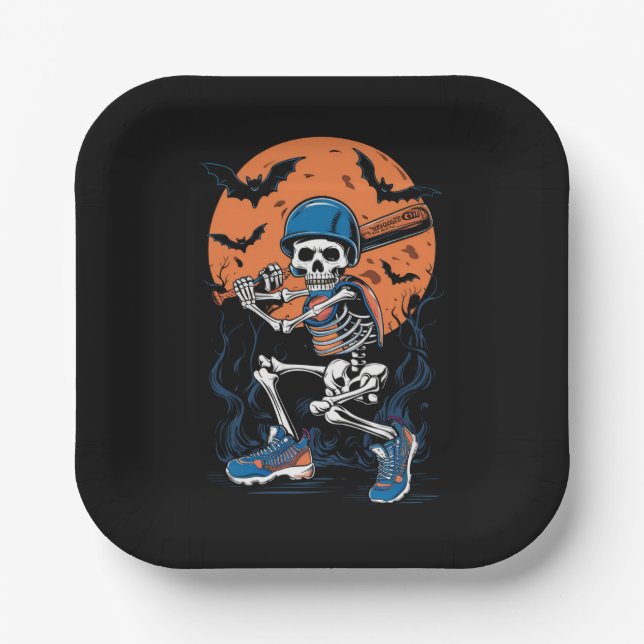 Plato De Papel Esqueleto de béisbol Halloween Halloween (Anverso)