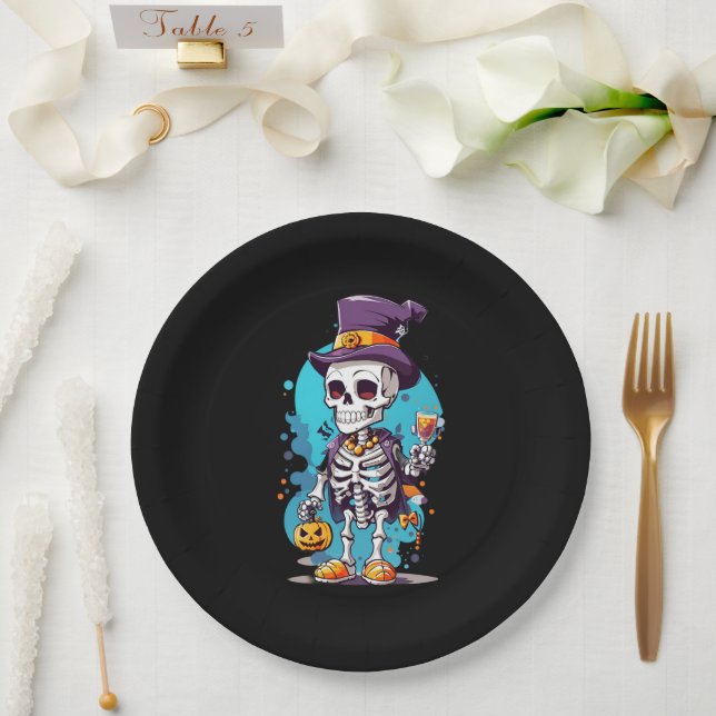 Plato De Papel Esqueleto de Guay en Halloween con sombrero (Boda)