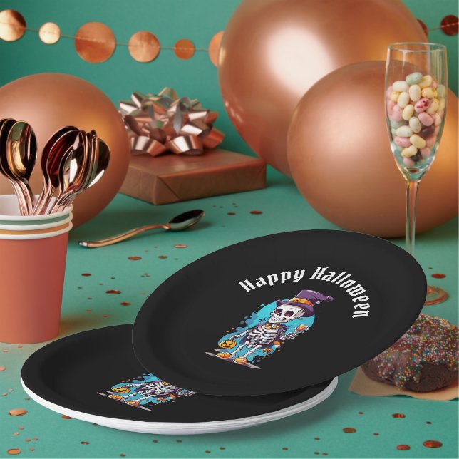 Plato De Papel Esqueleto de Guay en Halloween con sombrero (Multi)