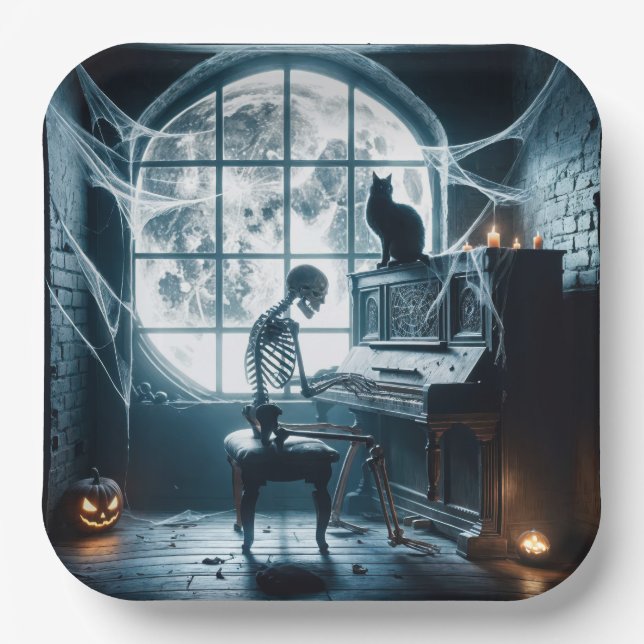 Plato De Papel Esqueleto de Halloween tocando un piano (Anverso)