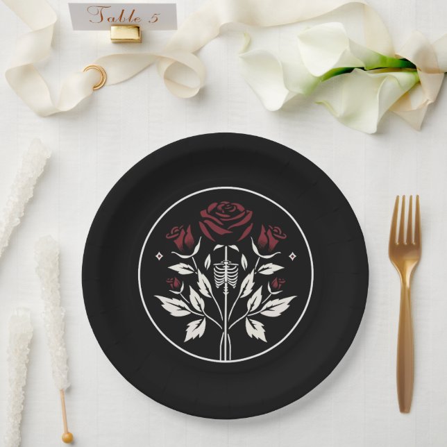 Plato De Papel Esqueleto Gótico Costillas Rosas Negro Elegante Bo (Boda)