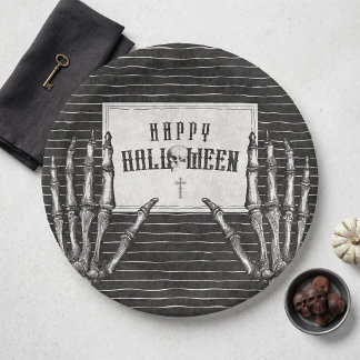 Plato De Papel Esqueleto Gótico Vintage Feliz Halloween