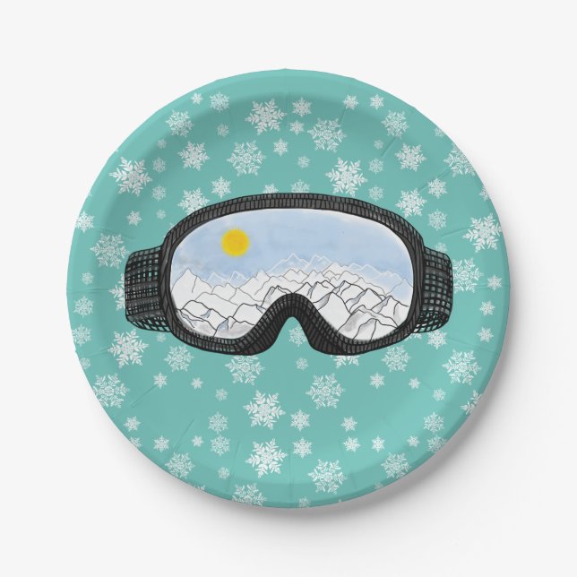 Plato De Papel Esquí Goggles Mountain View Snowflakes Blue (Anverso)